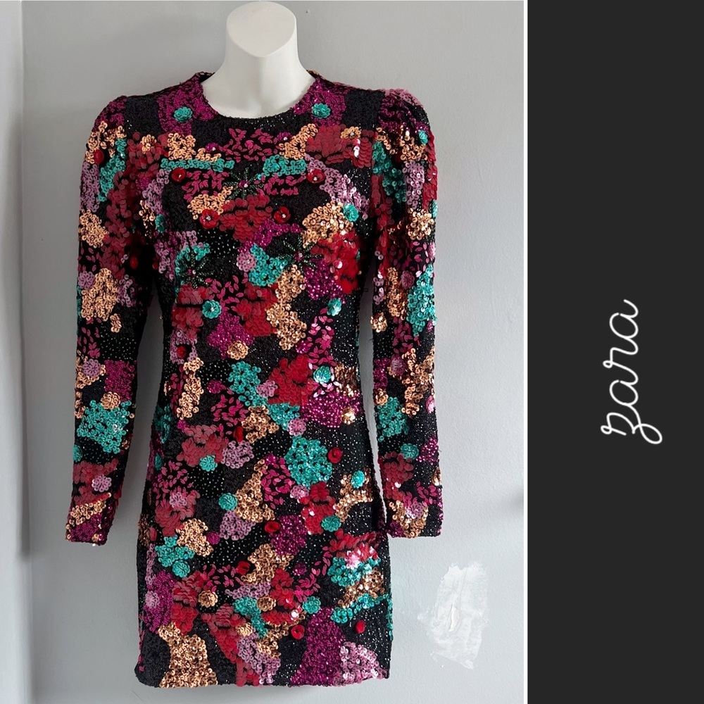 Zara Sequined Floral Long Sleeve Mini Dress in Multicolor • S